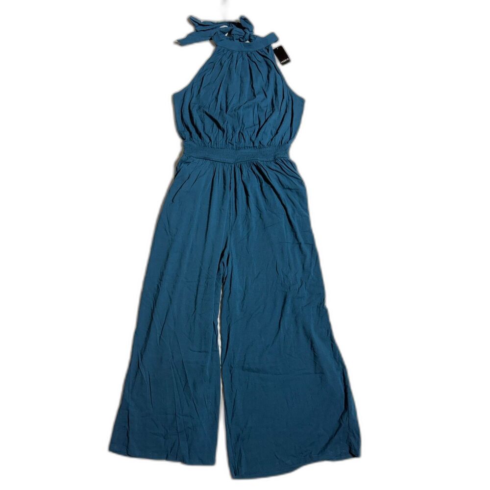 Torrid NWT Halter Wide Leg Jumpsuit Teal Blue Smocked Waist Challis Sz 1X 14-16